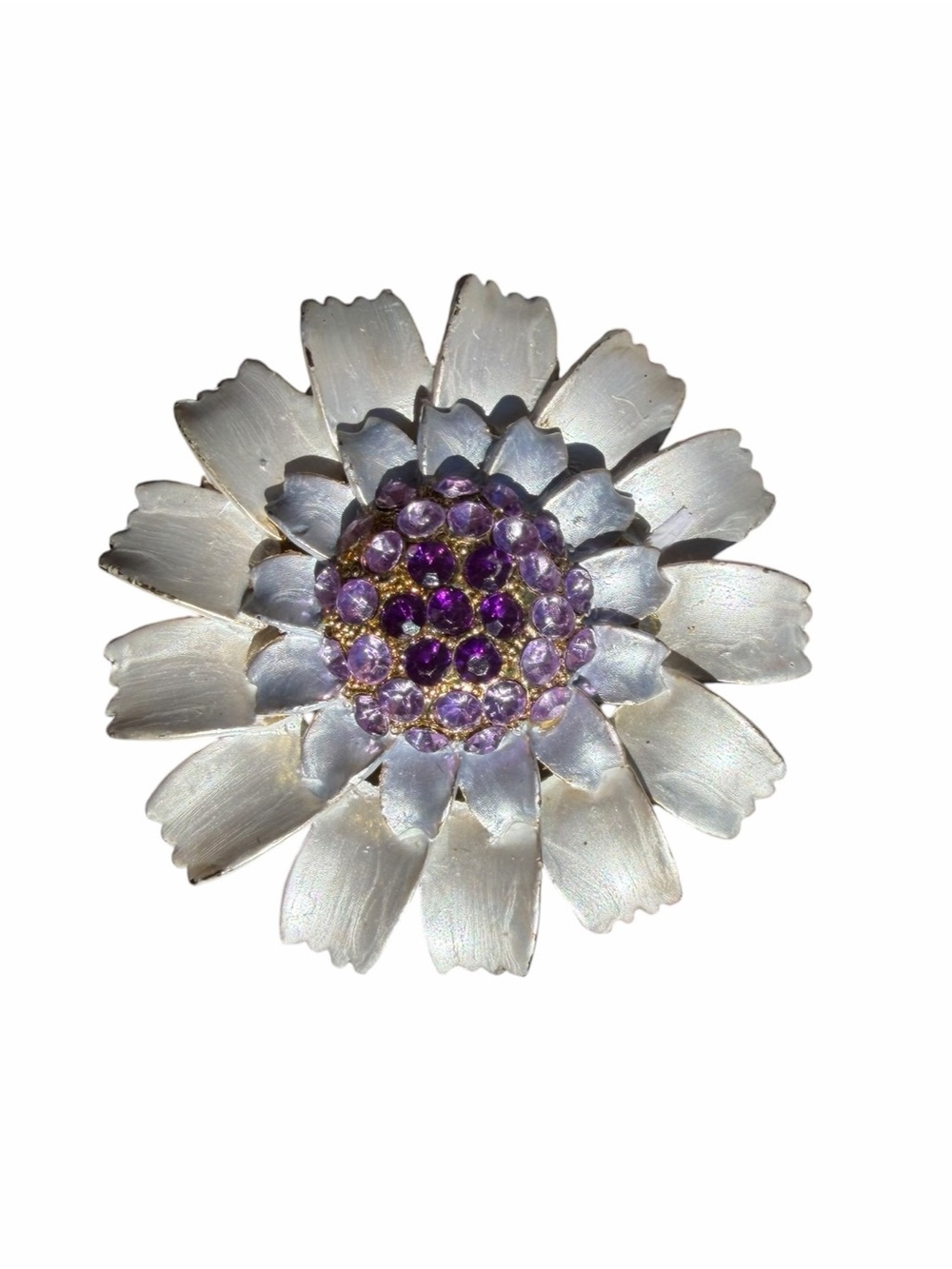 Vintage Pale Lavender Enamel Daisy Brooch Pin Deep Purple Rhinestones
